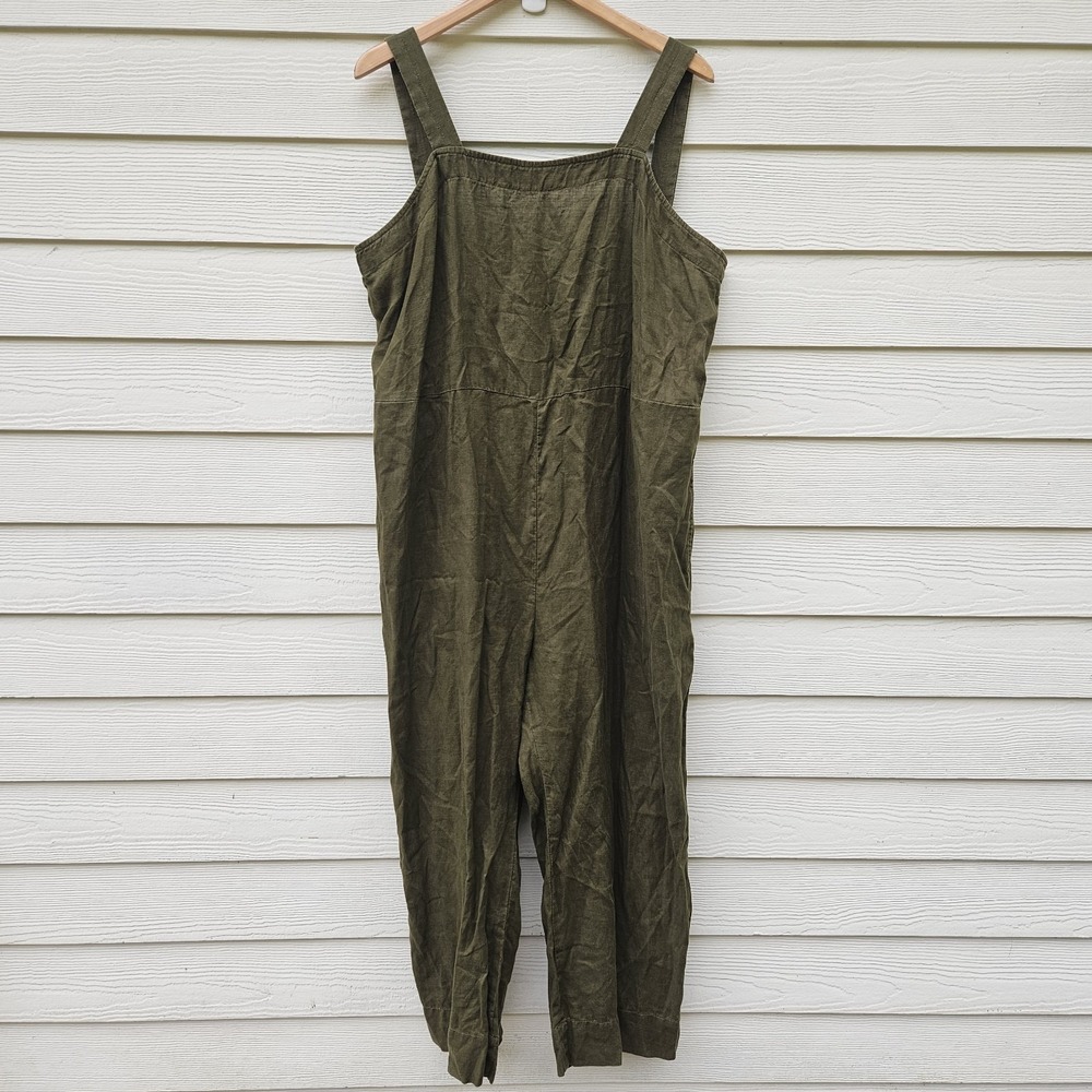 Quince Jumpsuit Womens XL 100% European Linen Square Neck  in Olive Boho Boxy